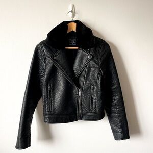 Abercrombie & Fitch Grain Leather Sherpa Moto Jacket Black Size Medium
